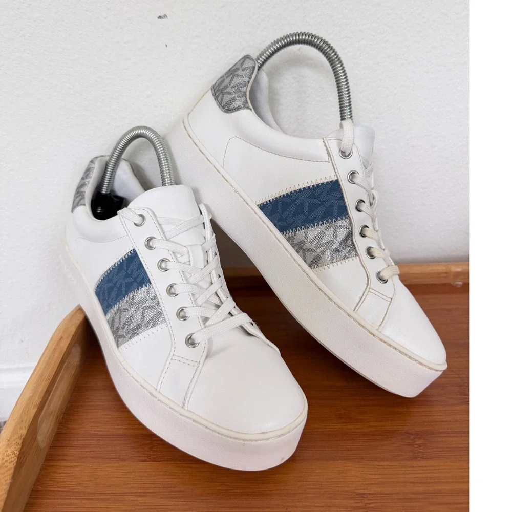 Michael Kors Poppy White Platform Sneakers Blue Silver Logo Stripe LS24J Sz 8.5